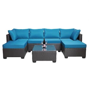 Black Wicker 7-Pieces Outdoor Patio Sectional Sofa Conversation Set with Blue Cushions and 1-Coffee Table