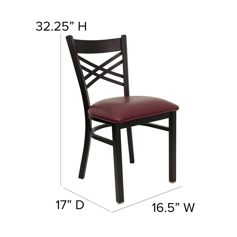Elegant Burgundy Vinyl and Black Steel Cross Back Side Chair