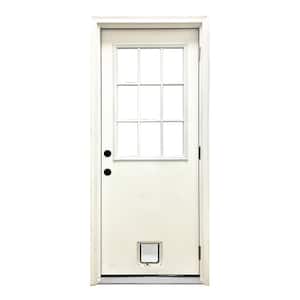 36 in. x 80 in. Reliant Series Clear 9 Lite LHOS White Primed Fiberglass Prehung Back Door with Small Cat Door