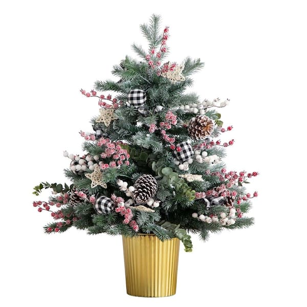 Nearly Natural 3 ft. Pre-Lit Snow Covered Decorative Artificial Christmas Tree in Golden Planter with 80 Color Changing LED Lights
