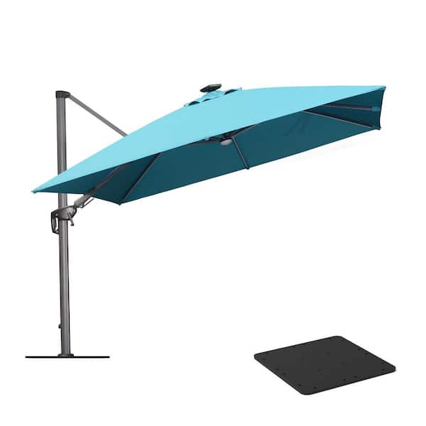 PURPLE LEAF 10 ft. Square Aluminum Cantilever Solar LED Swivel Offset 360°Rotation Umbrella with Base Plate, Turquoise Blue