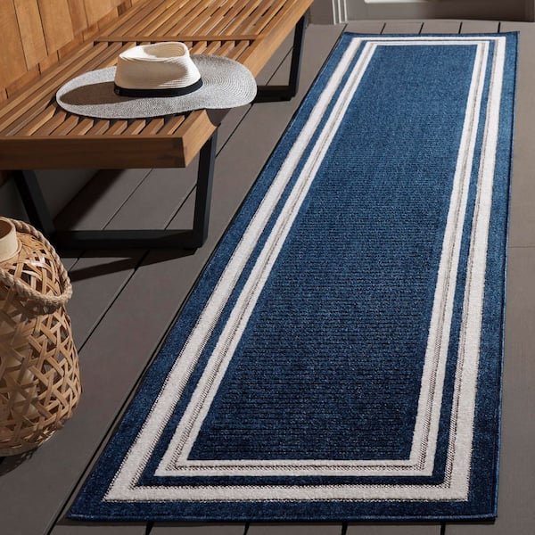 Cabana Blue/Ivory 2 ft. x 9 ft. Striped Border Indoor/Outdoor Runner Rug