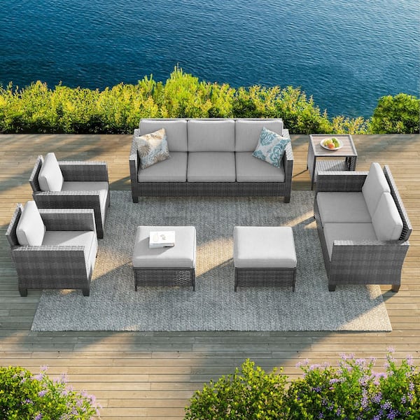 Sonkuki 7-Pieces Patio Conversation Set with Side Table, Loveseat Sofa and Ottomans Gray Wicker with Linen Gray Cushions