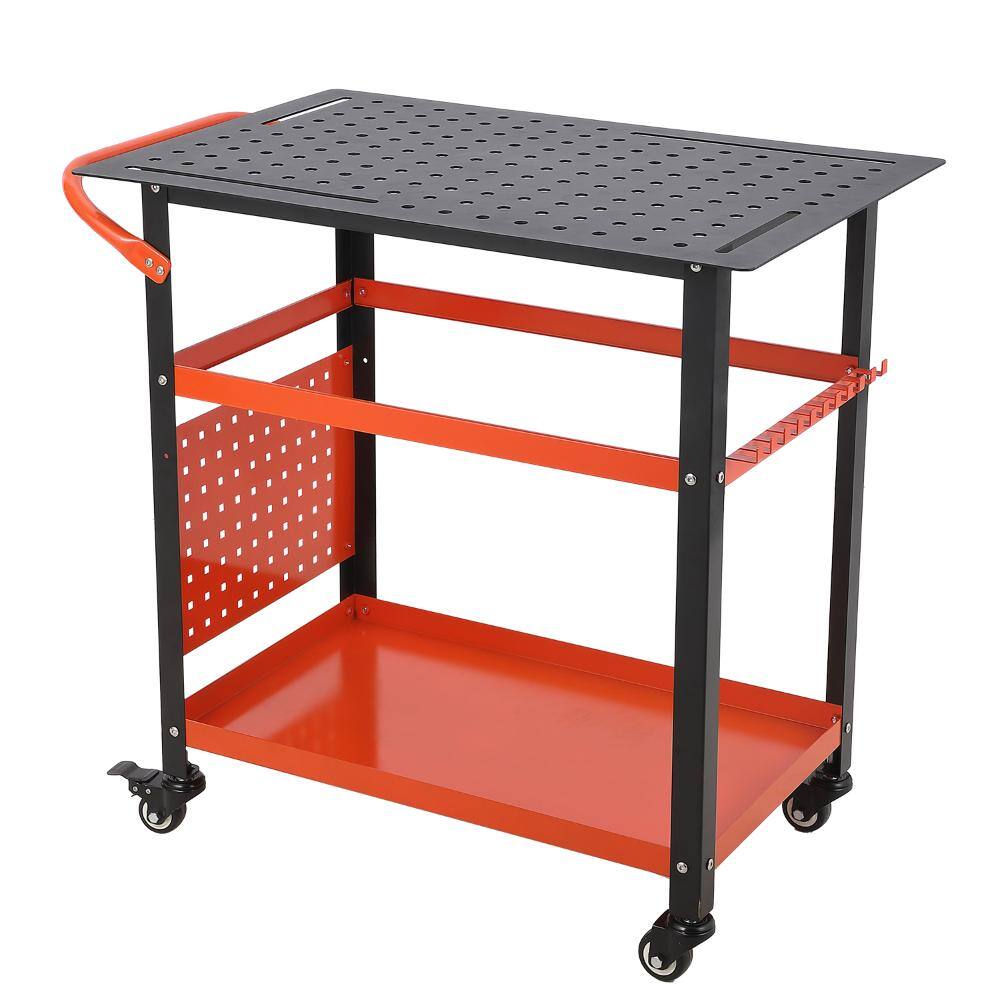 Heavy Duty 3-Tier Rolling Workbench, 36" x 24" 1200 lb Capacity, Rubber Wood Top, Steel Frame, 5/8" Holes, Orange