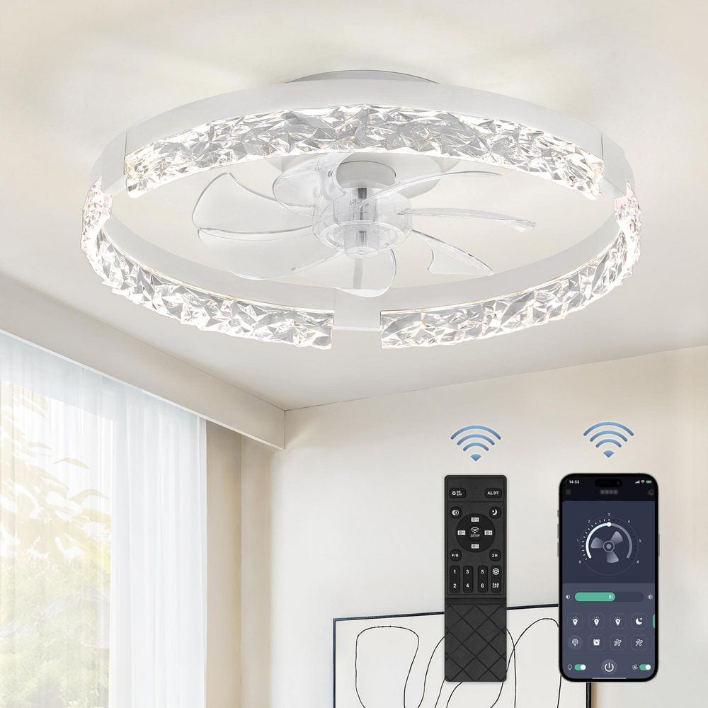20 in. Smart Indoor White Crystal Ceiling Fan with Integrated LED Light and Remote App Control