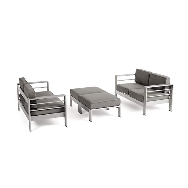 Noble House Cape Coral Silver 4-Piece Metal Patio Conversation Seating Set with Khaki Cushions
