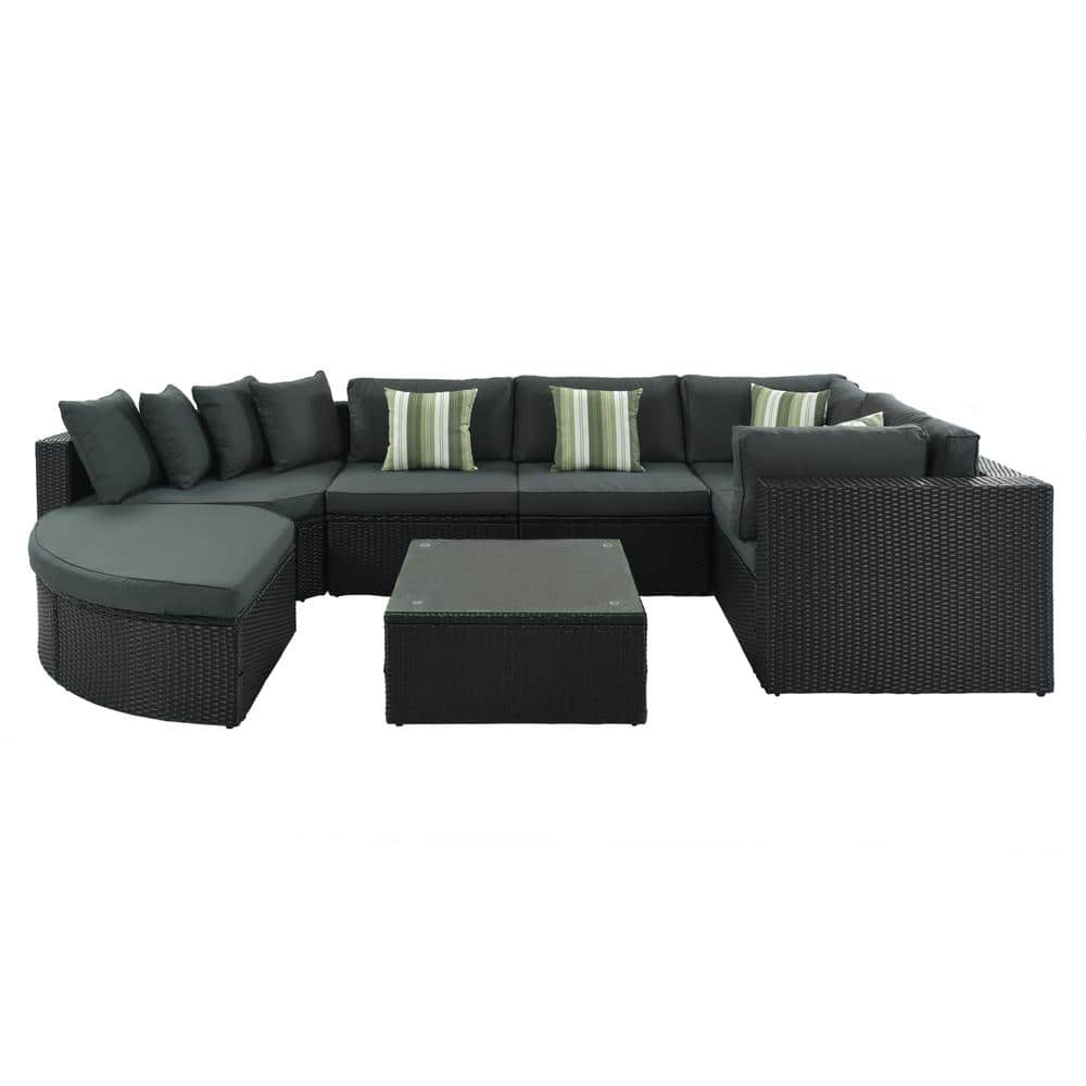 Outdoor Conversation Set 7-piece Wicker Rattan Sofa Lounger, With Striped Green Pillows, Gray Cushion price history on PriceWatchPro