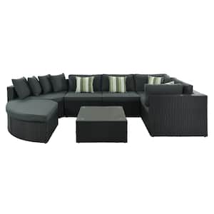 Outdoor Conversation Set 7-piece Wicker Rattan Sofa Lounger, With Striped Green Pillows, Gray Cushion