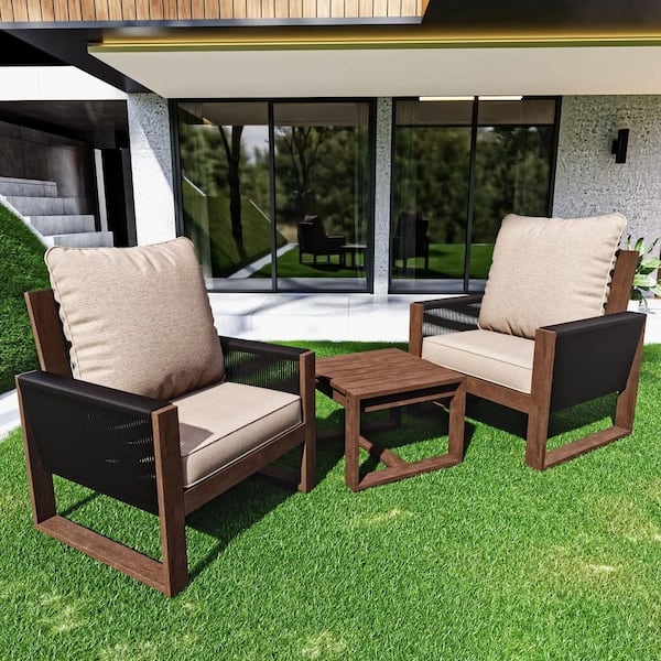 JOYSIDE 3-Piece Light Walnut Wood Wicker Patio Conversation Set Outdoor Lounge Chair with Thicken Biege Cushions and Side Table