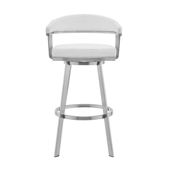 HomeRoots 26 in. Mod White Faux Leather Brushed Silver Finish Swivel Bar Stool