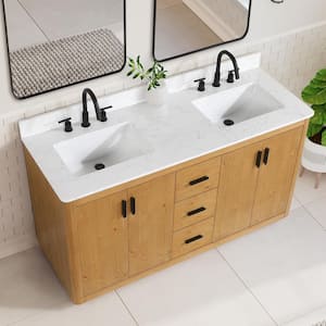 Perla 60 in. W x 22 in. D x 34 in. H Double Bath Vanity in Natural Wood with Grain White Composite Stone Top and Mirror