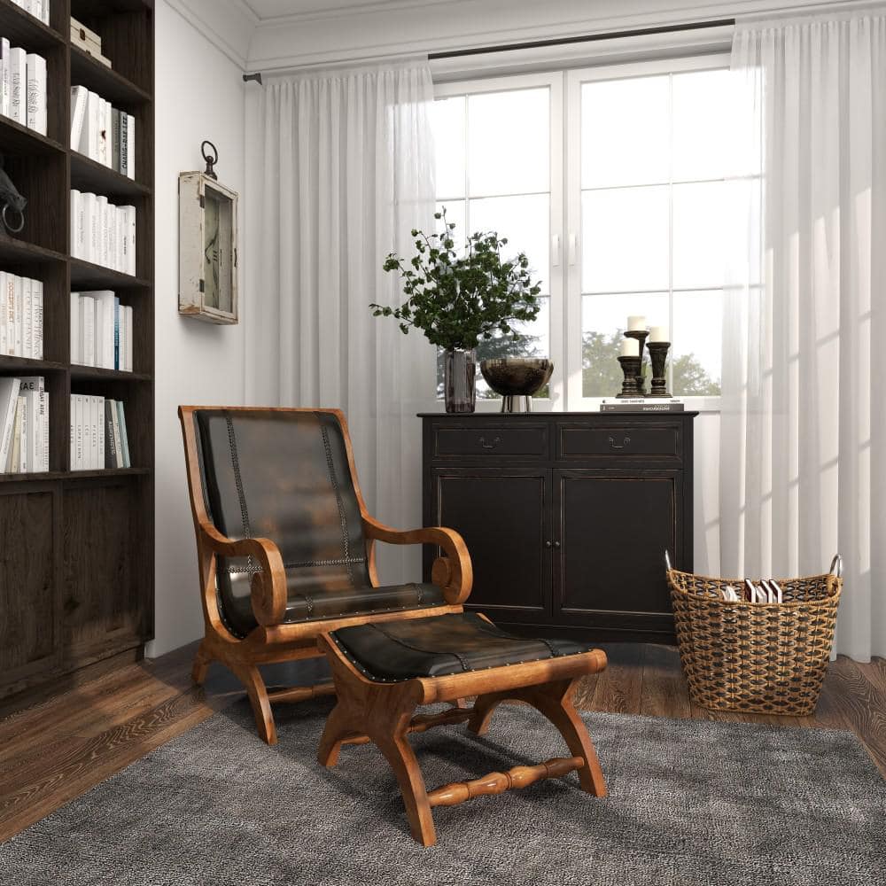 Traditional Dark Brown Leather Accent Chair and Ottoman Set