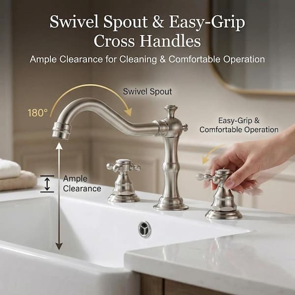 Homfan Classical 8-Inch Bathroom Faucet – Brushed Nickel, Two-Handle Widespread For 3-Hole Sinks, With Pop-Up Drain & CUPC Lead-Free Hoses