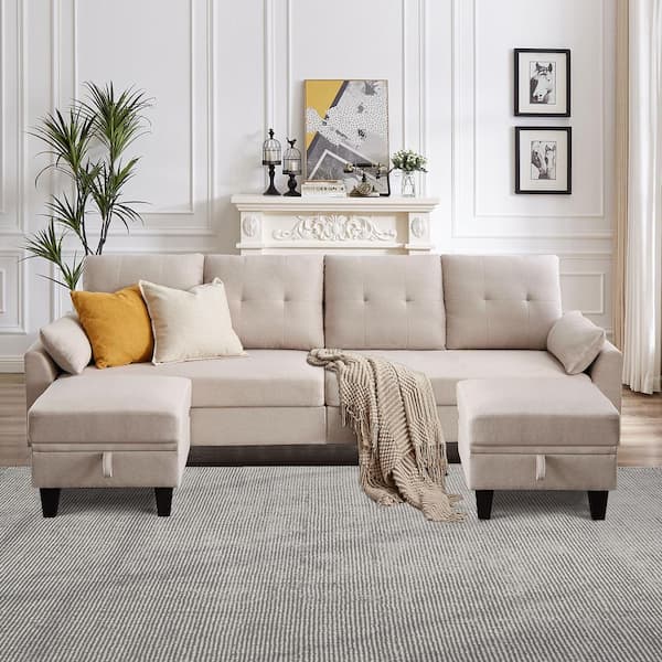 STICKON 101 in. W Straight Arms 4-Seat U-Shaped Fabric Modern Sectional Sofa in Beige with Storage Ottoman