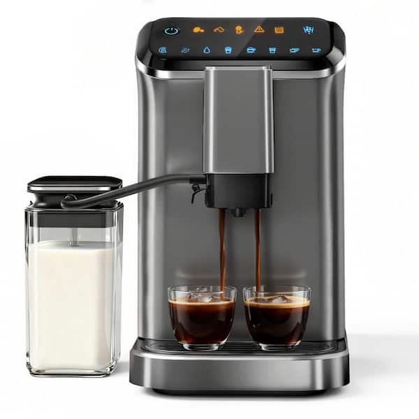 2-Cup Silver Fully Automatic Espresso Machine with 15-Grind Settings and Manual Milk Frothing