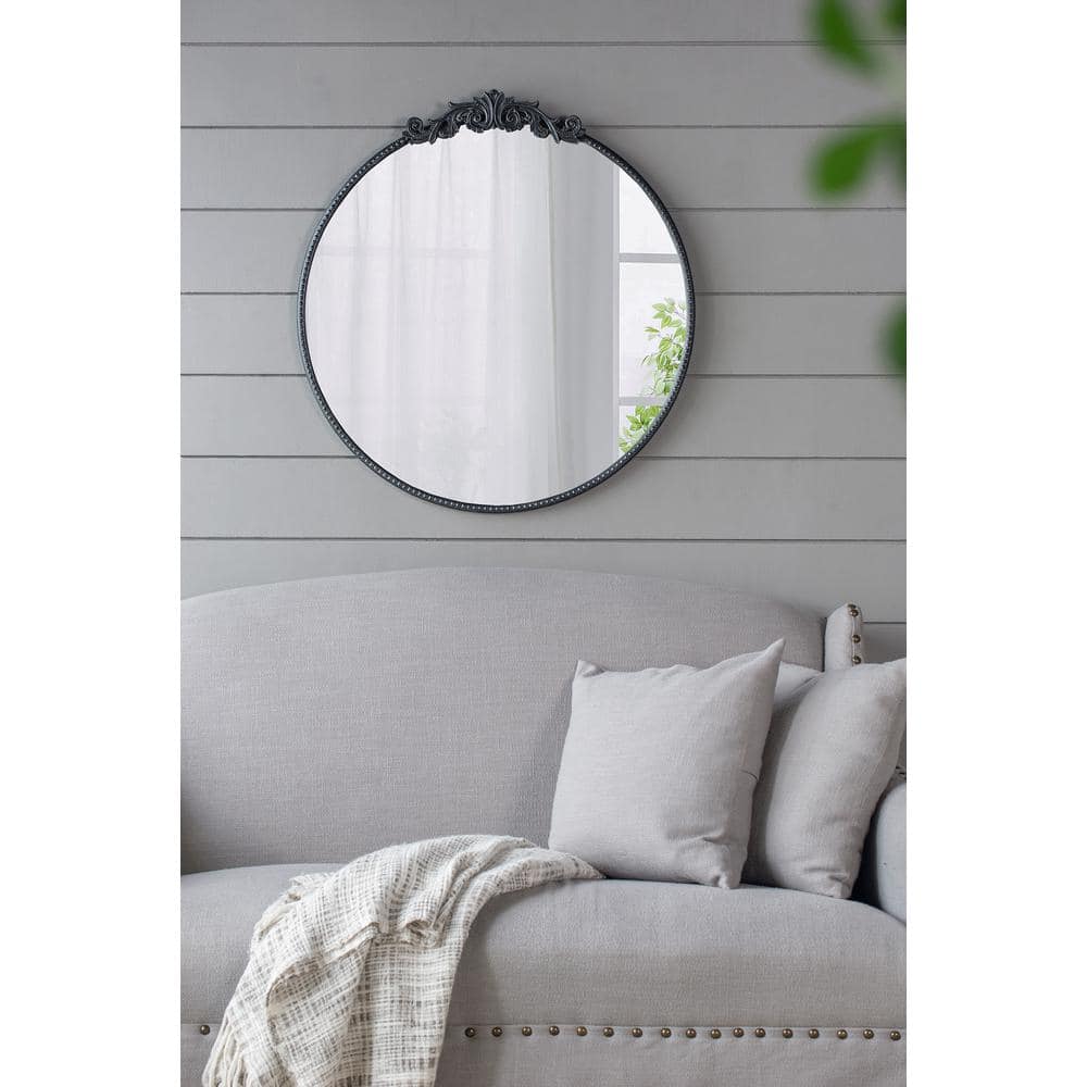 30" Black Metal Round Wall Mirror with Carved Rose Detail