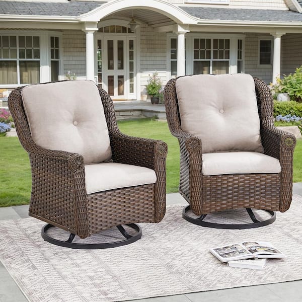 Pocassy Chrysanthemum Armrest Series 2-Pack Outdoor Swivel Brown Wicker Glider Rocking Chair with CushionGuard Beige Cushions