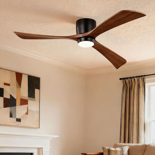 52 in. Modern Black Solid Wood Brown Blades Flush Mount Standard Ceiling Fan with 3-Color Dimmable Light Include Remote