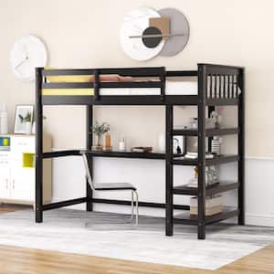 Espresso Twin Size Loft Bed with Storage Shelves and Under-Bed Desk