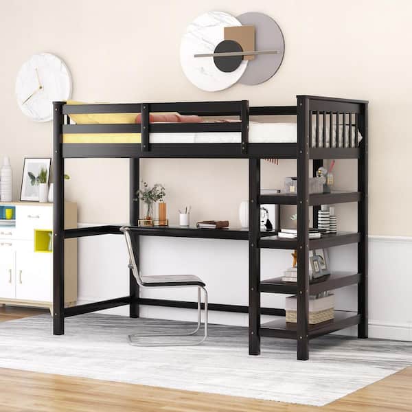 Qualler Espresso Twin Size Loft Bed with Storage Shelves and Under-Bed Desk