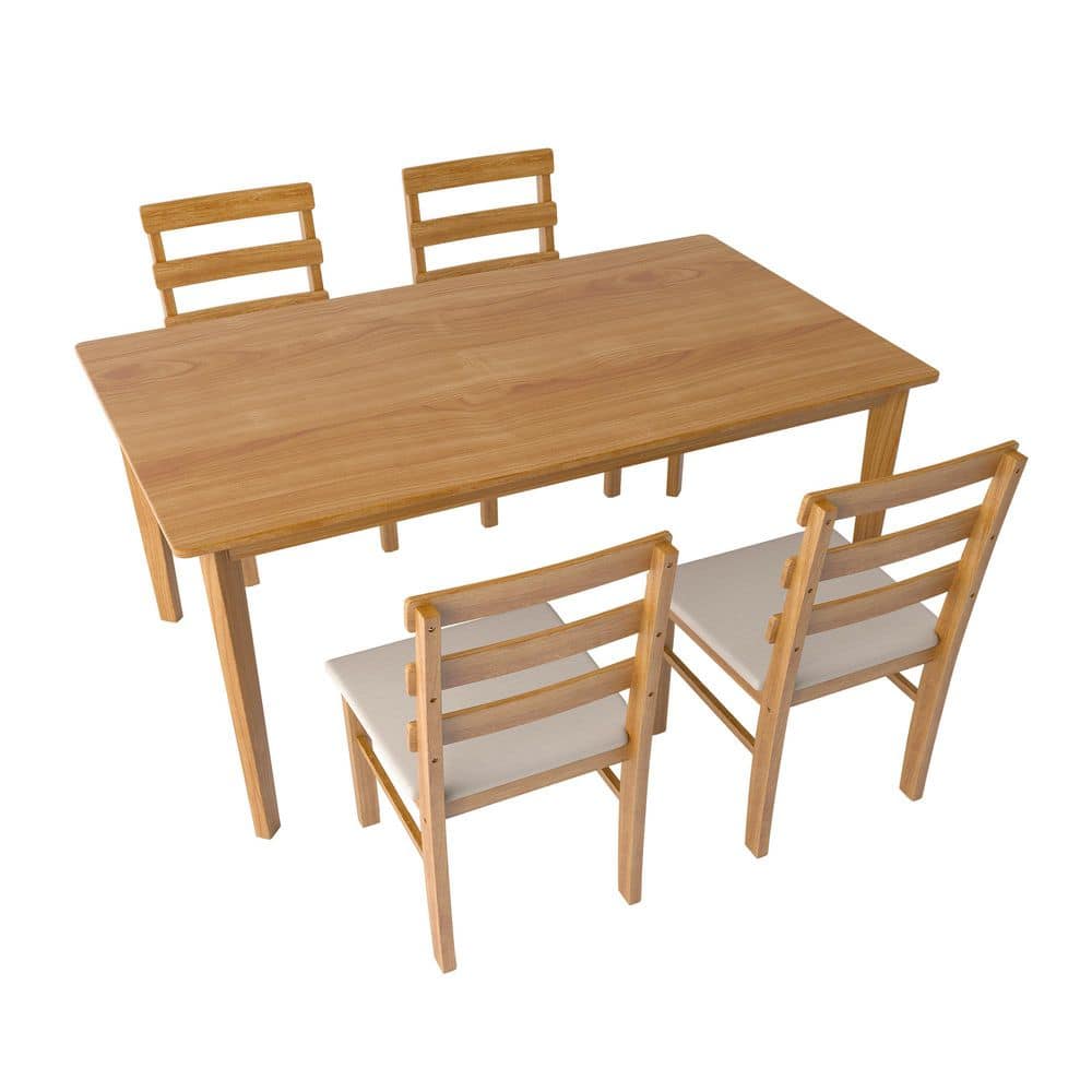 5-Piece Solid Wood Dining Set in Original Wood Finish with Upholstered Chairs, Rectangle Table for 4
