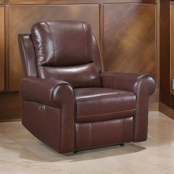 Brown Top Grain Leather Power Recliner with USB Port