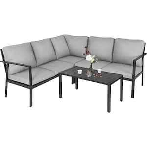 Black 4-Piece Metal Patio Conversation Set with Grey Cushions