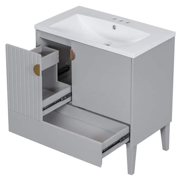 Aoibox 30 in. W x 18 in. D x 33.1 in. H Single Sink Bathroom Vanity Cabinet in Gray with Drawers, White Ceramic Sink Top
