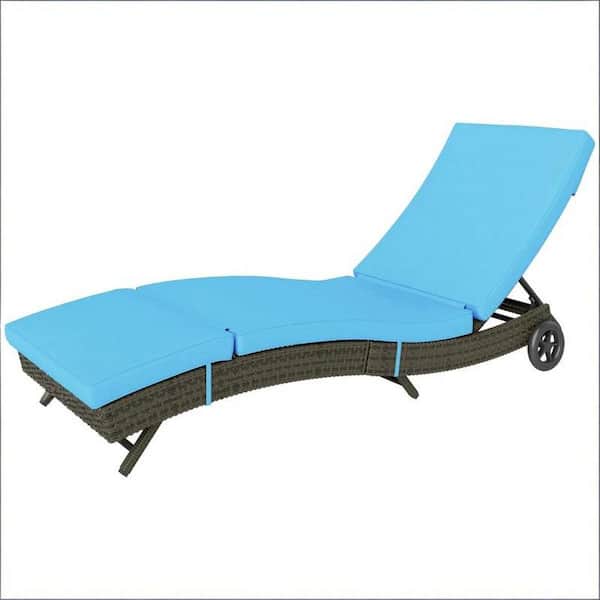 Metal Outdoor Lounge Chair Chaise Lounge with Cushion 81.5 in. Sky Blue PE Rattan and Steel Frame