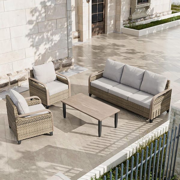 COOS BAY 4-Piece Brown Wicker Outdoor Patio Conversation Set 3-Seat Sofa, Lounge Chairs with Gray Cushions and Coffee Table