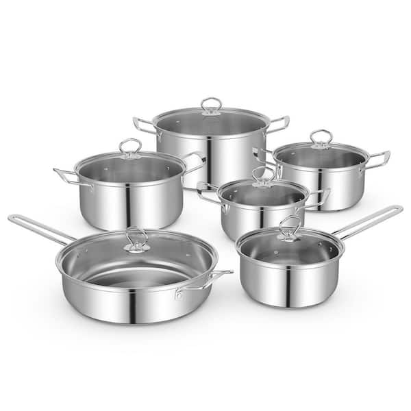 12 Piece Stainless Steel Cookware Set, 3-Ply Base, Induction Ready, Even Heat Kitchen Pots and Pans Set