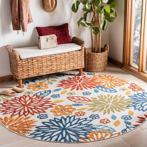 Cabana Creme/Red 3 ft. x 3 ft. Floral Indoor/Outdoor Round Area Rug