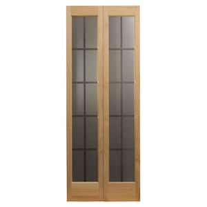 24 in. x 80 in. Mission Unfinished Pine Full-Lite Decorative Glass Solid Core Wood Bi-fold Door