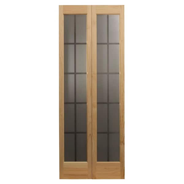 24 in. x 80 in. Mission Unfinished Pine Full-Lite Decorative Glass Solid Core Wood Bi-fold Door