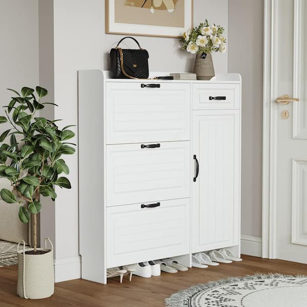 49 in. H x 47 in. W White 4 Doors Shoe Storage Cabinet with 3 Flip Drawers and 1 Drawers 22 Pairs Shoe Cabinet Organizer