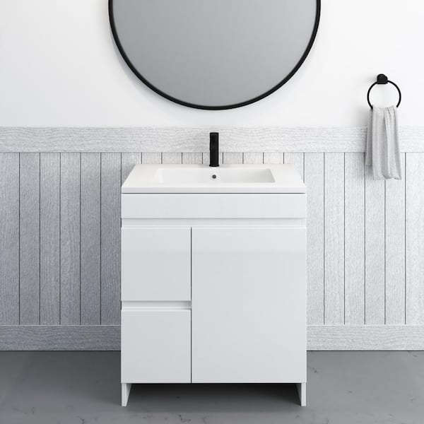 VOLPA USA AMERICAN CRAFTED VANITIES Mace 30 in. W x 20 D Single Sink Bathroom Vanity Left Side Drawers In Glossy White With Acrylic Integrated Countertop