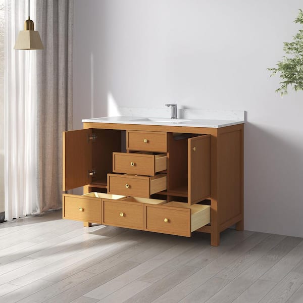 Origo 48 in. W x 22 in. D x 35 in. H Single Sink Freestanding Bath Vanity in Brown Oak w/ Calacatta Cultured Marble Top