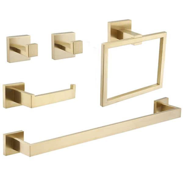BWE 5-Piece Bath Hardware Set with Towel Bar, Included 2-Towel Hook, Toilet Paper Holder, and Towel Ring in Brushed Gold
