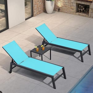 Textilene 3-Pieces Outdoor Pool Lounge Chairs with Side Table and Wheels, Turquoise Blue