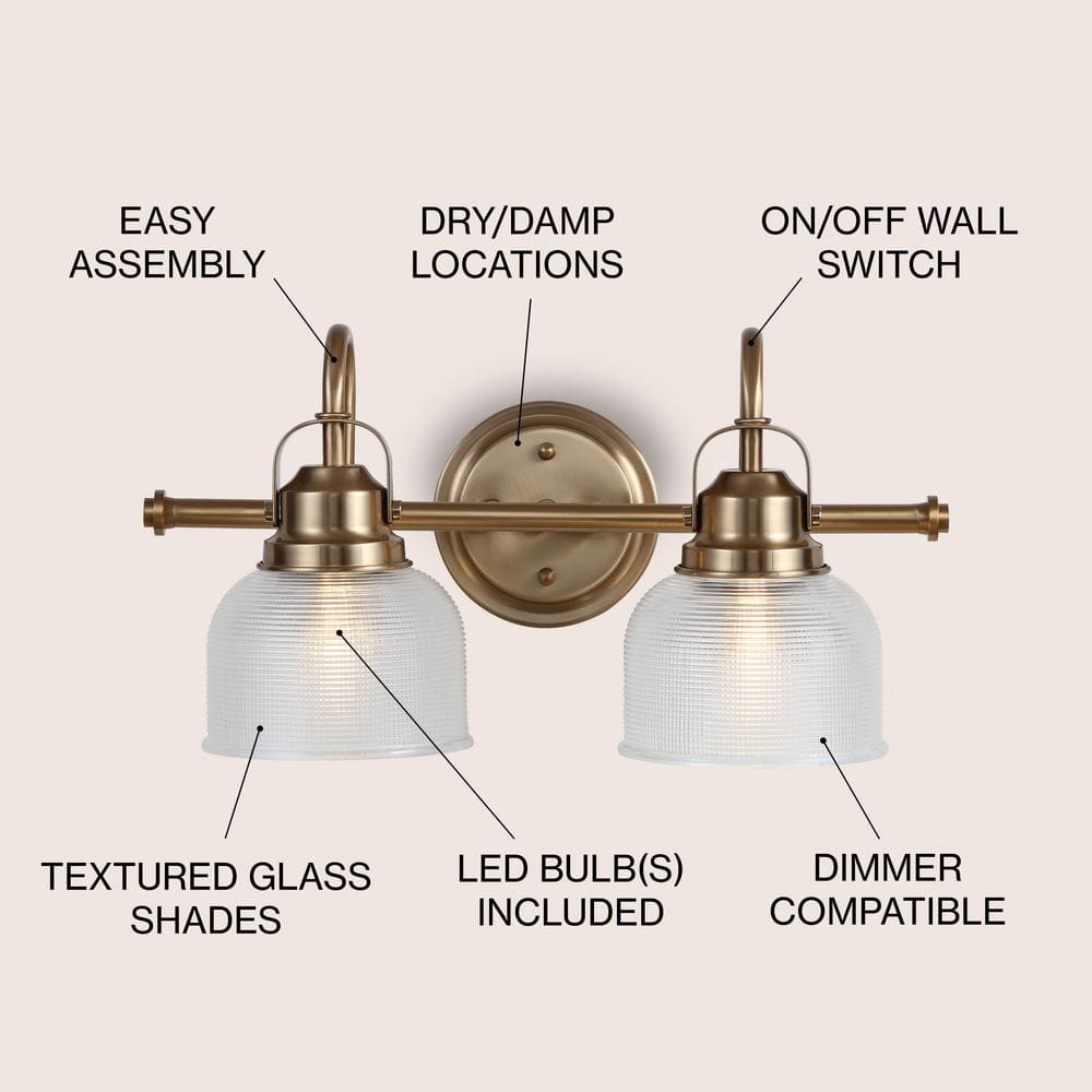 Elegant Brass Gold 17.25" LED Vanity Light with Textured Glass Shades