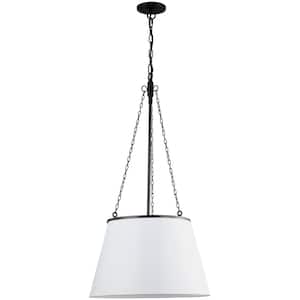 Plymouth 1-Light Matte Black Shaded Pendant Light with White Fabric Shade