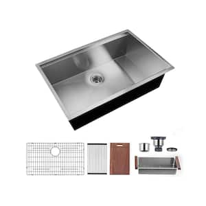 32 in. Undermount Single Bowl 18-Gauge Brushed Chrome Stainless Steel Kitchen Sink with Bottom Grids