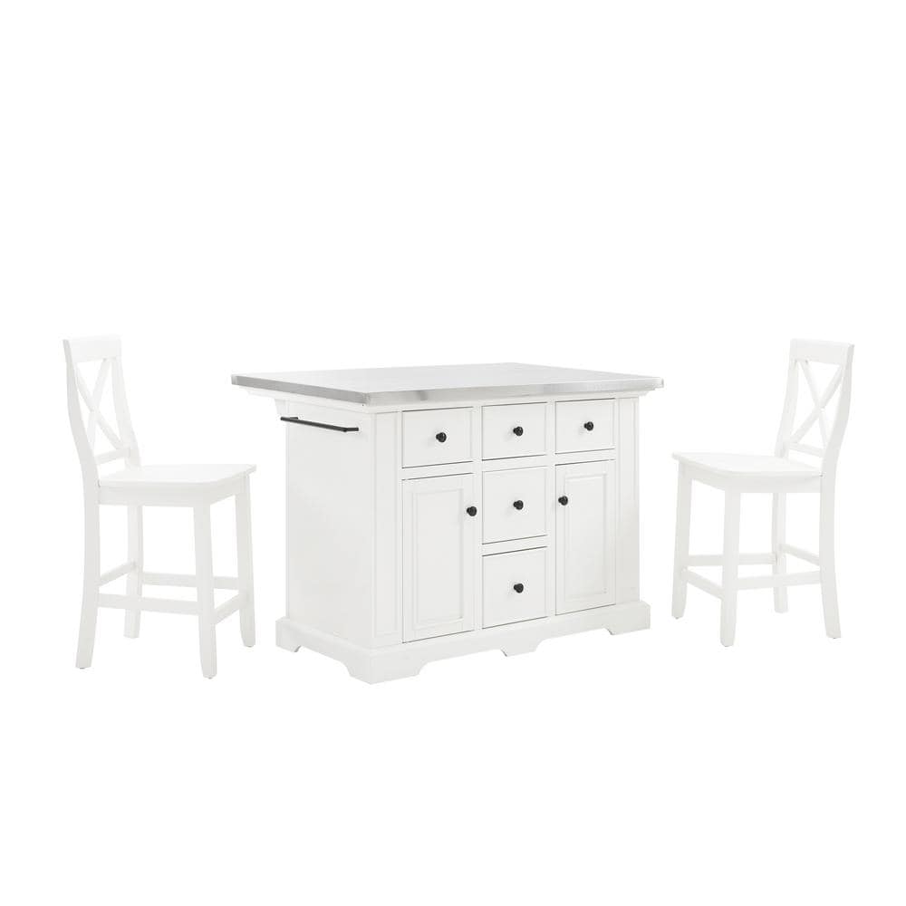 Julia 50'' White and Stainless Steel Kitchen Island Set with Stools