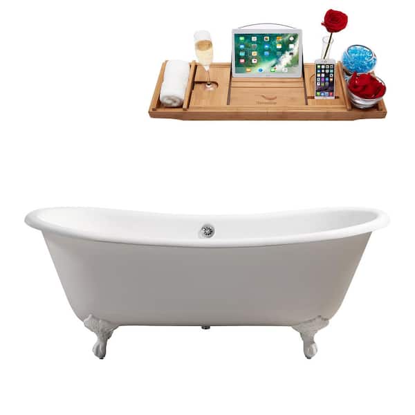 Streamline 71.3 in. Cast Iron Clawfoot Non-Whirlpool Bathtub in Glossy White with Polished Chrome Drain And Glossy White Clawfeet