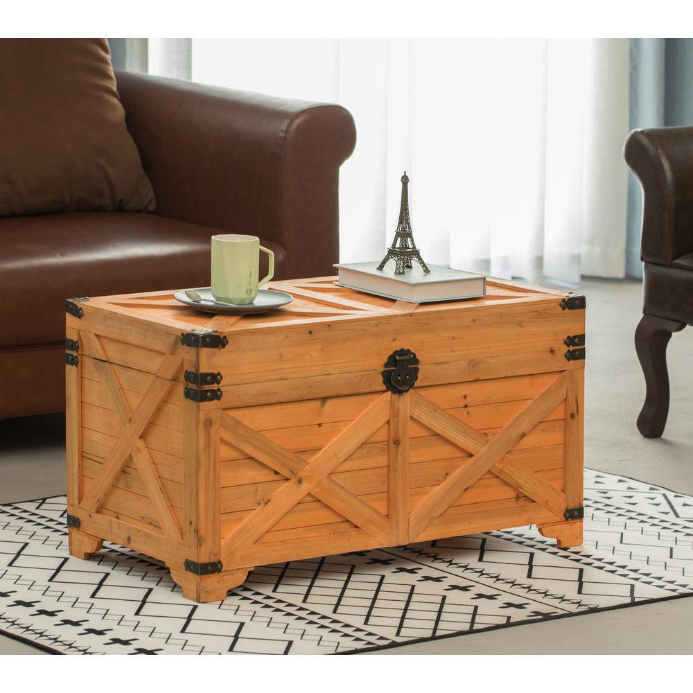 Large Natural Wood Farmhouse Storage Trunk Chest with Hinged Lid