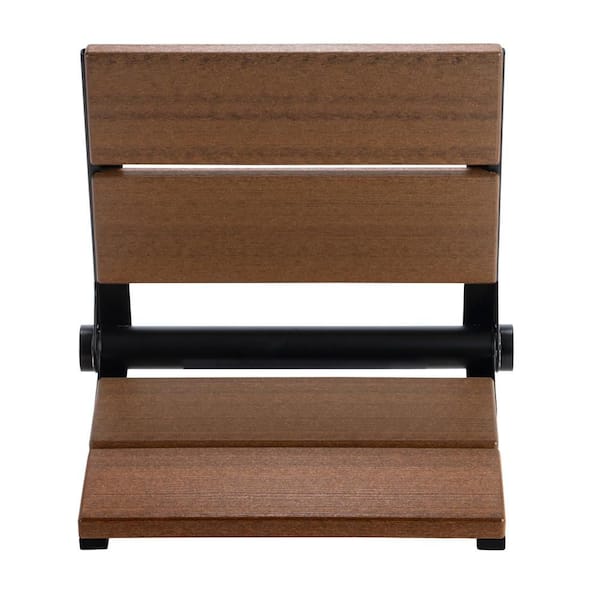 18 in. Wall Mounted Fold Down Composite Shower Seat in Antique Mahogany Wood Grain Finish with a Matte Black Frame