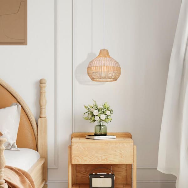 1-Light Two-Tone Hand-Woven Open-Weave Rattan Pendant Light, White and Natural Basket Shape, No Bulbs Included 12 in.