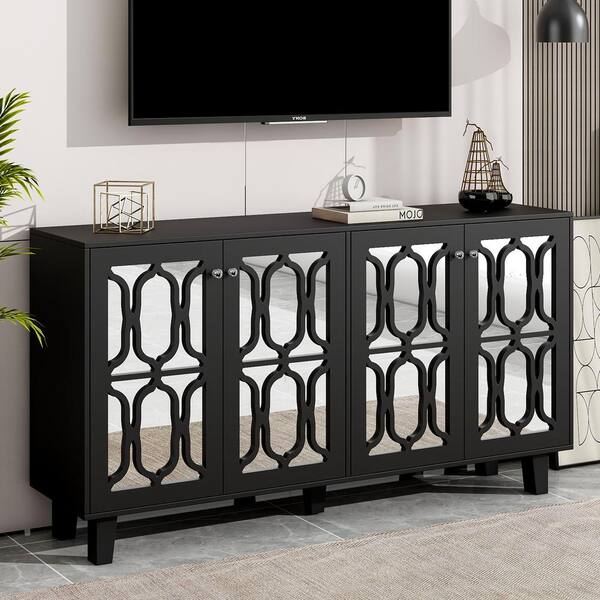 Polibi TV Stand Fits TV s up to 70 in. with Adjustable Shelves 4 Door Mirror Hollow Carved for Living Room Black RS 05632 3 The Home Depot