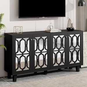 TV Stand Fits TV's up to 70 in. with Adjustable Shelves, 4-Door Mirror Hollow-Carved for Living Room, Black