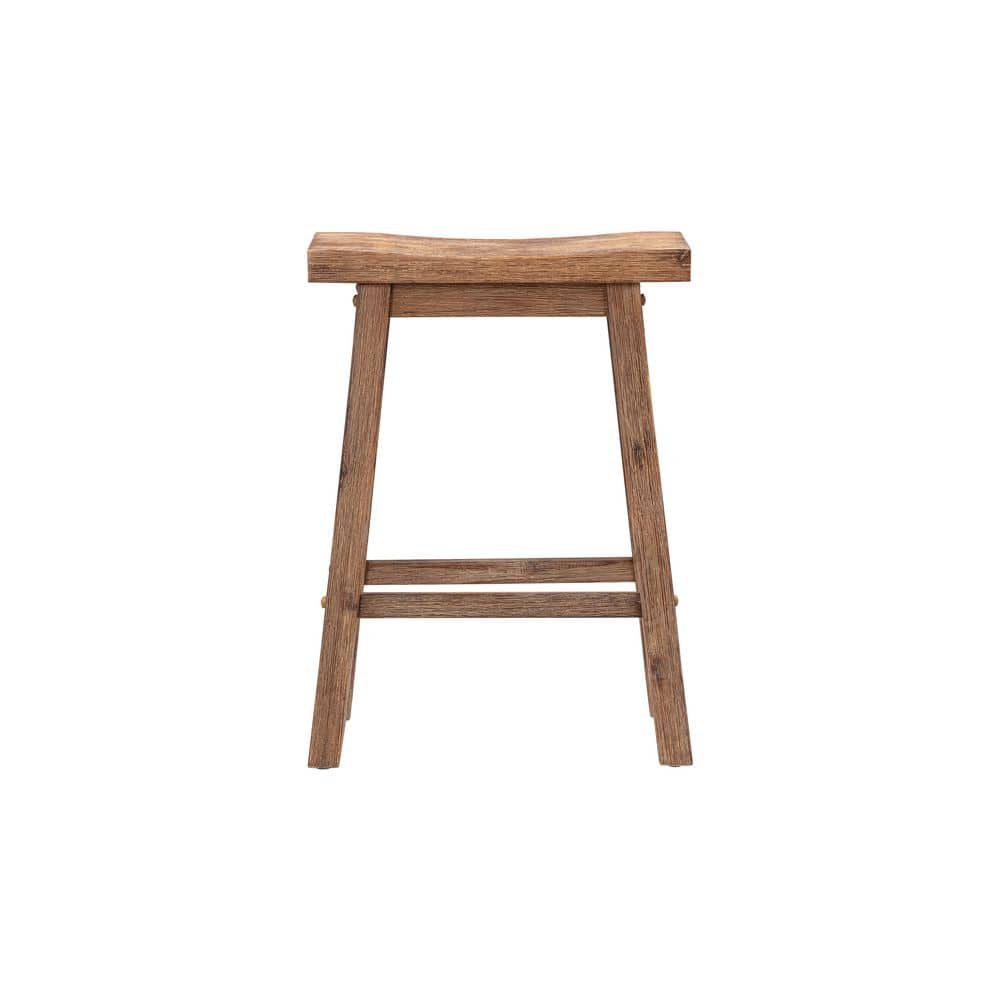 Rustic Acacia Wood Saddle Counter Stools, Barnwood Wire-Brush - Set of 2